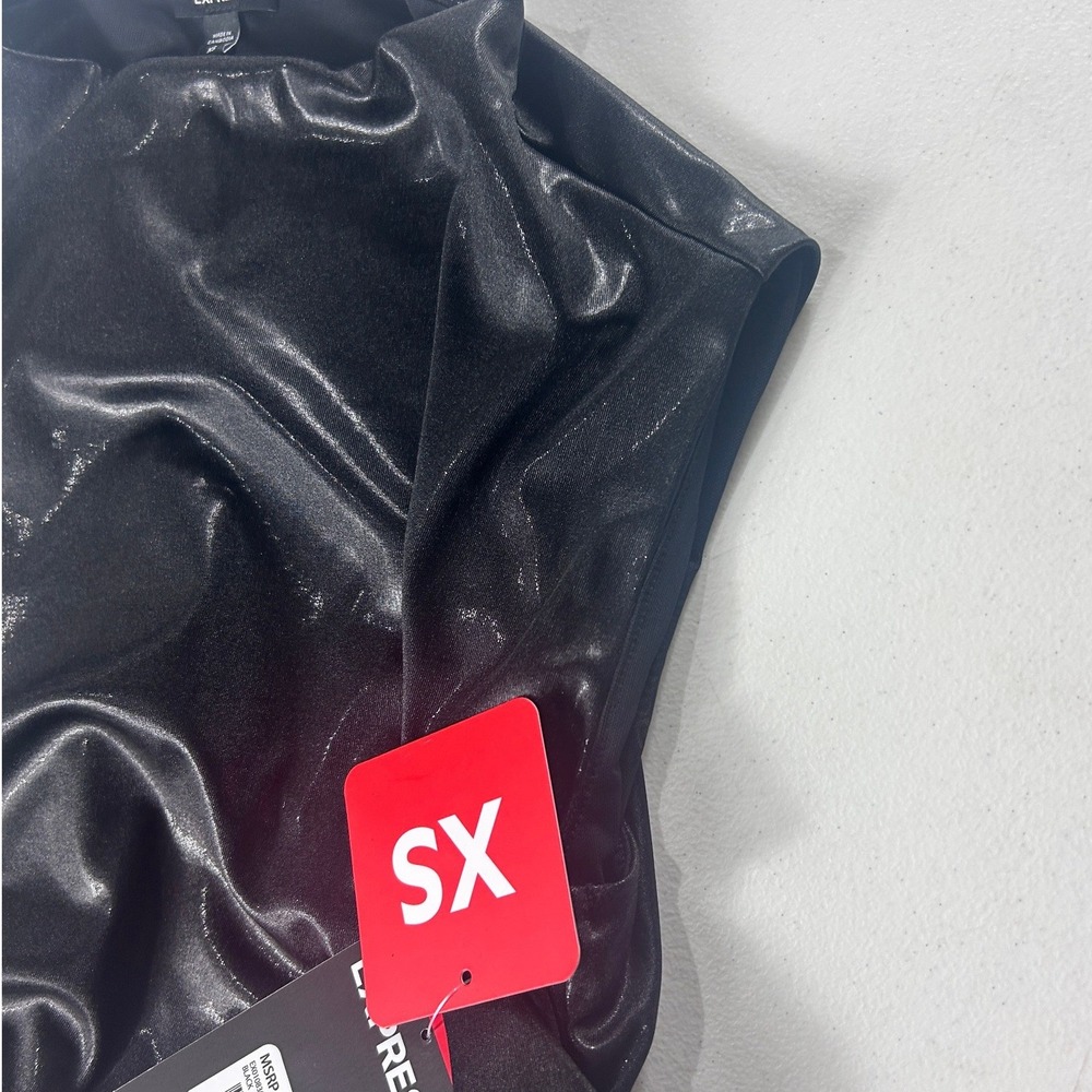 Express Mock Neck Tank Top Womens XS Black Metallic Ruched Faux Leather NEW - Picture 10 of 12
